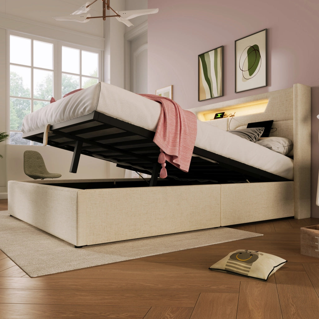 Letto matrimoniale imbottito 140x200 cm con LED; USB e Type-C; beige