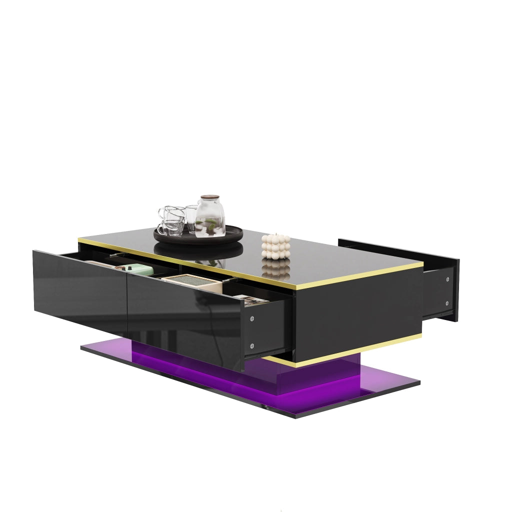 Tavolino da salotto LED con 3 cassetti e vano aperto, finitura lucida con decori dorati, nero, 100 × 50 × 40 cm