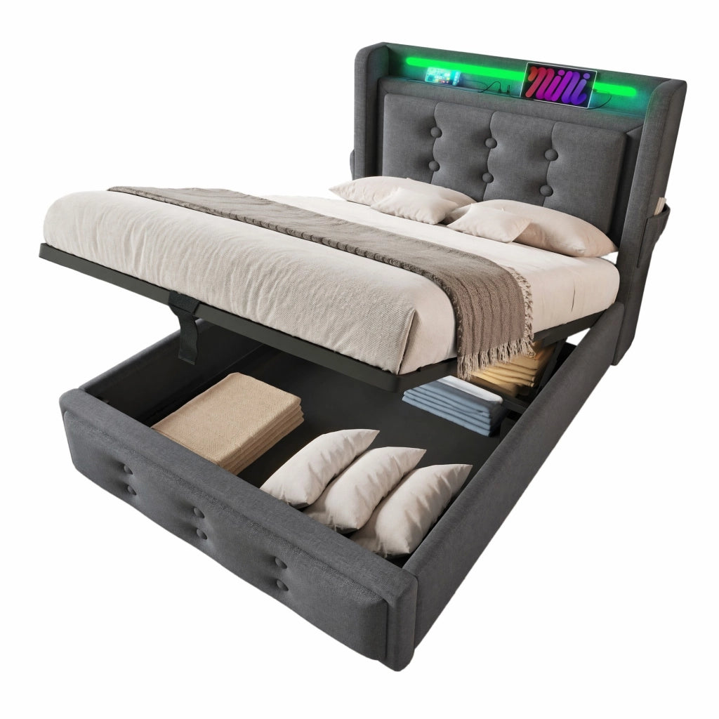 Letto contenitore 90 × 200 cm con LED; USB e USB-C; rete a doghe; grigio
