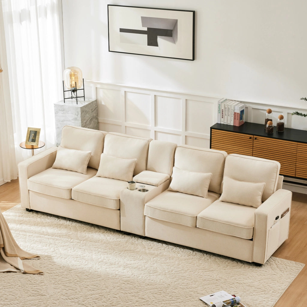 Divano a 4 posti con console; portabicchieri; USB e tasche laterali; beige