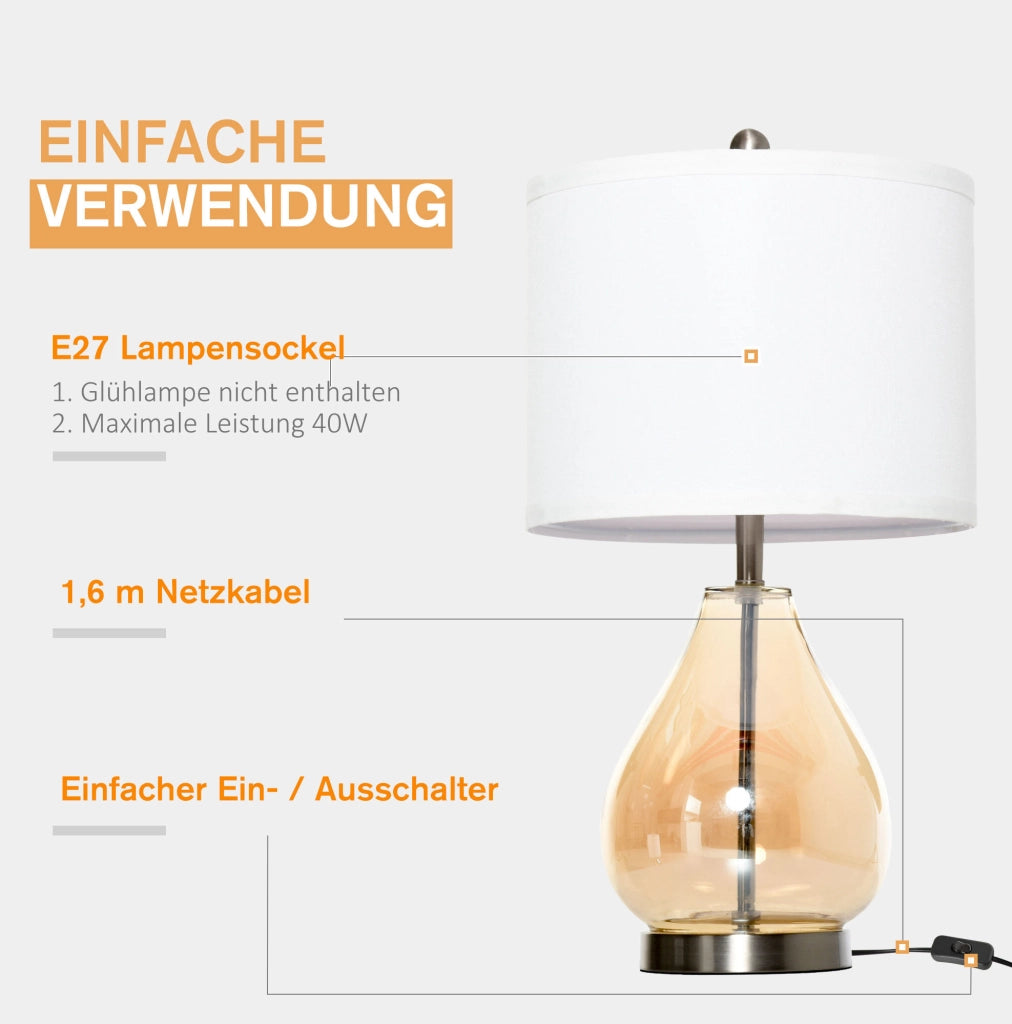 Set di 2 lampade da tavolo con base in acciaio e vetro, paralume in lino bianco, attacco E27, 40W, colore ambra, Ø30 x 56 cm