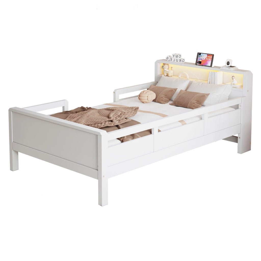 Letto per bambini 90 x 200 cm con contenitori, LED e USB/USB-C, letto singolo in pino bianco con ripiano di testiera e sponde di sicurezza