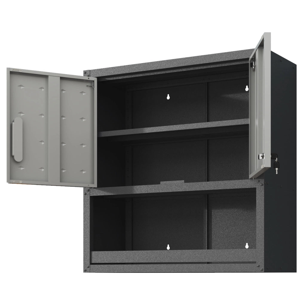 Armadio porta attrezzi in metallo da parete con serratura, 75 × 77 × 30 cm, grigio, con 1 ripiano e 1 cassetto aperto per garage e ufficio