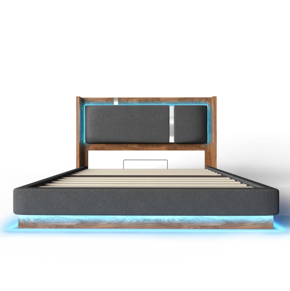 Letto imbottito 140x200 cm con LED e contenitore idraulico, grigio e noce