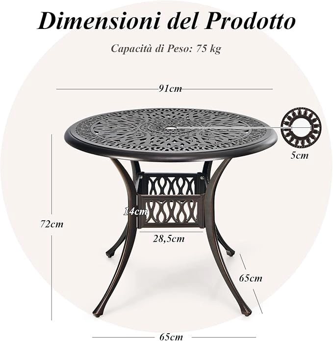 Tavolo da Pranzo Giaridno 91 cm, Tavolo da Bistro con Foro per Ombrellone da 5 cm, Tavolino Rotondo per Giardino Balcone Terazza, Portata 75 kg