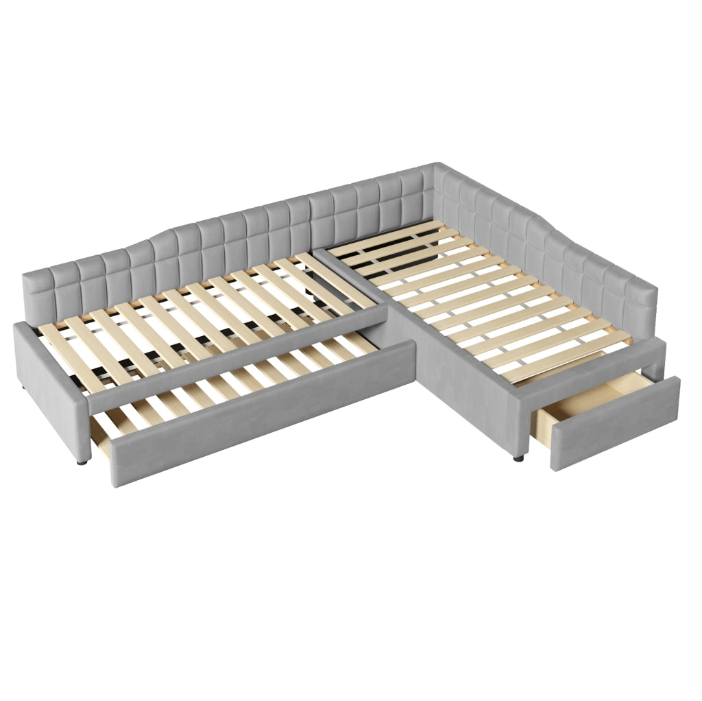 LETTO Imbottito a L 90x200 cm con Letto Estraibile e Cassetti Grigio