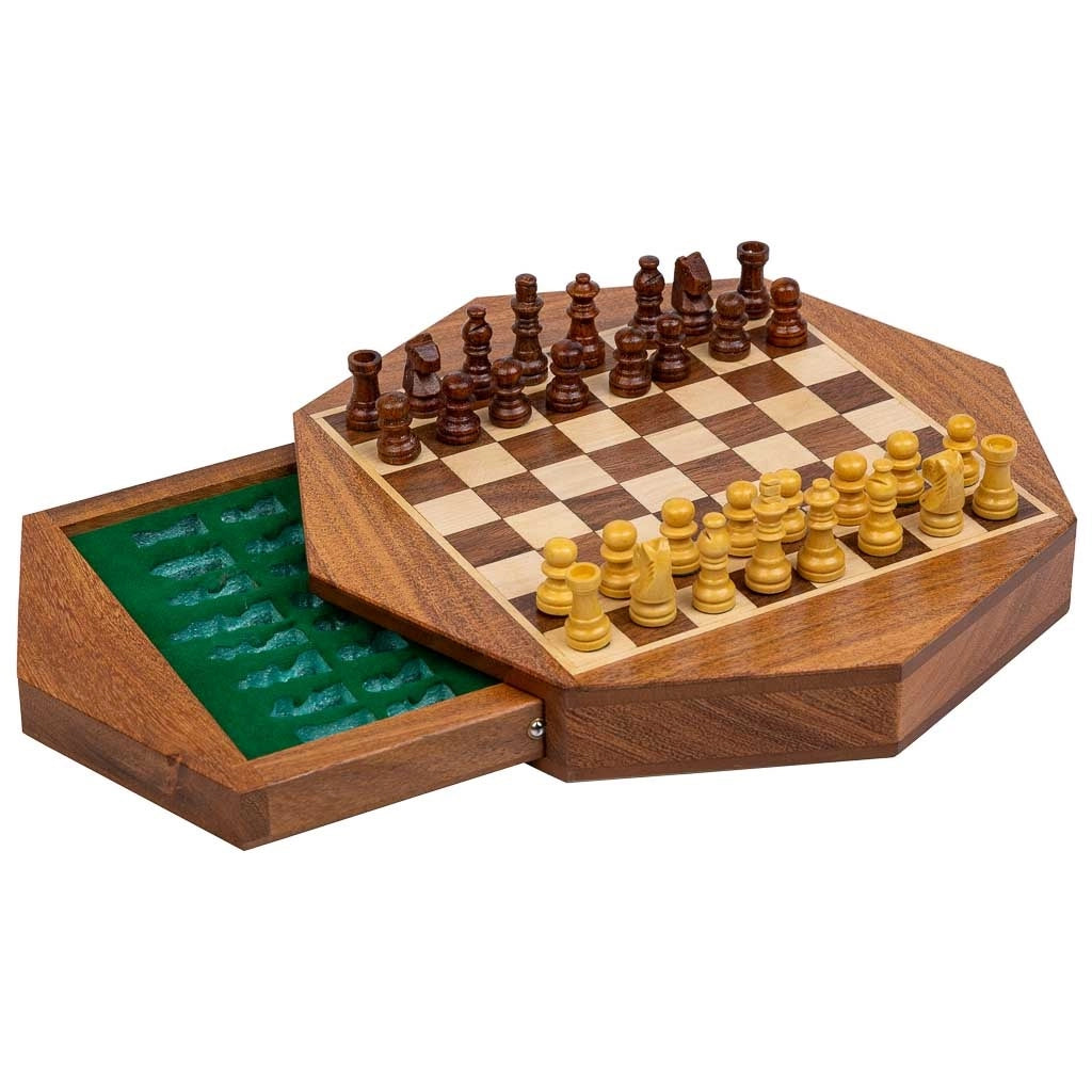 Scacchi magnetici con cassetto per pezzi in legno marrone d22,5x5h