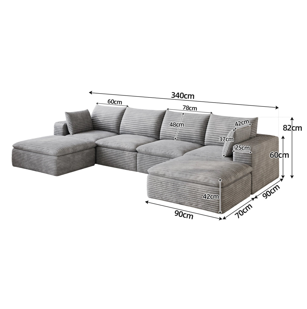 Divano modulare 340x160x82 cm in tessuto a coste grigio scuro con cuscini sfoderabili