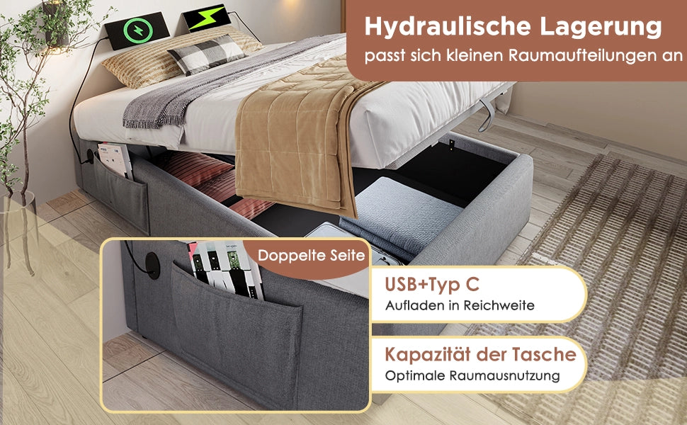 Letto imbottito matrimoniale ¨C Minimal ¨C Grigio tessuto 140x200 cm con rete a doghe senza testiera porta USB-C