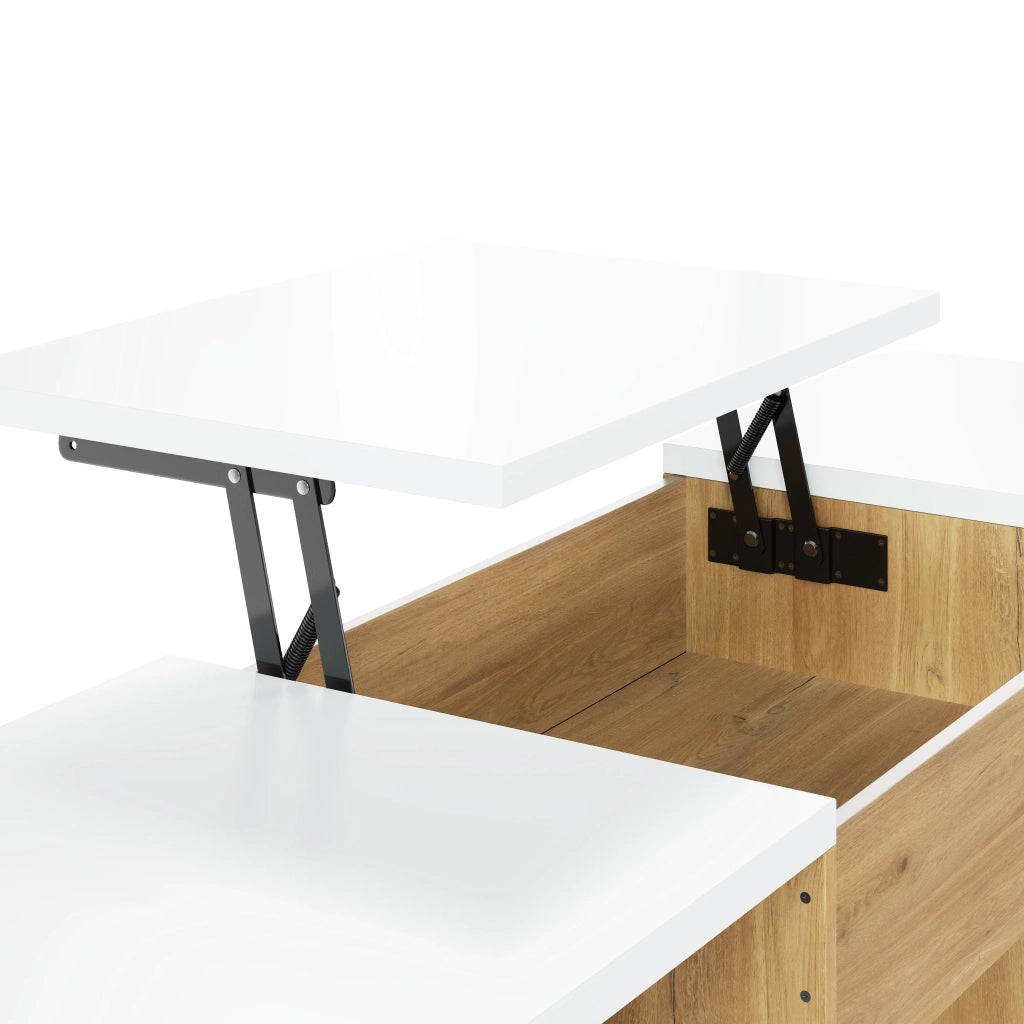Scrivania Alzabile 140x50 cm, Bianco/Rovere con Motivo a Strisce, 2 Cassetti e 2 Scomparti Aperti