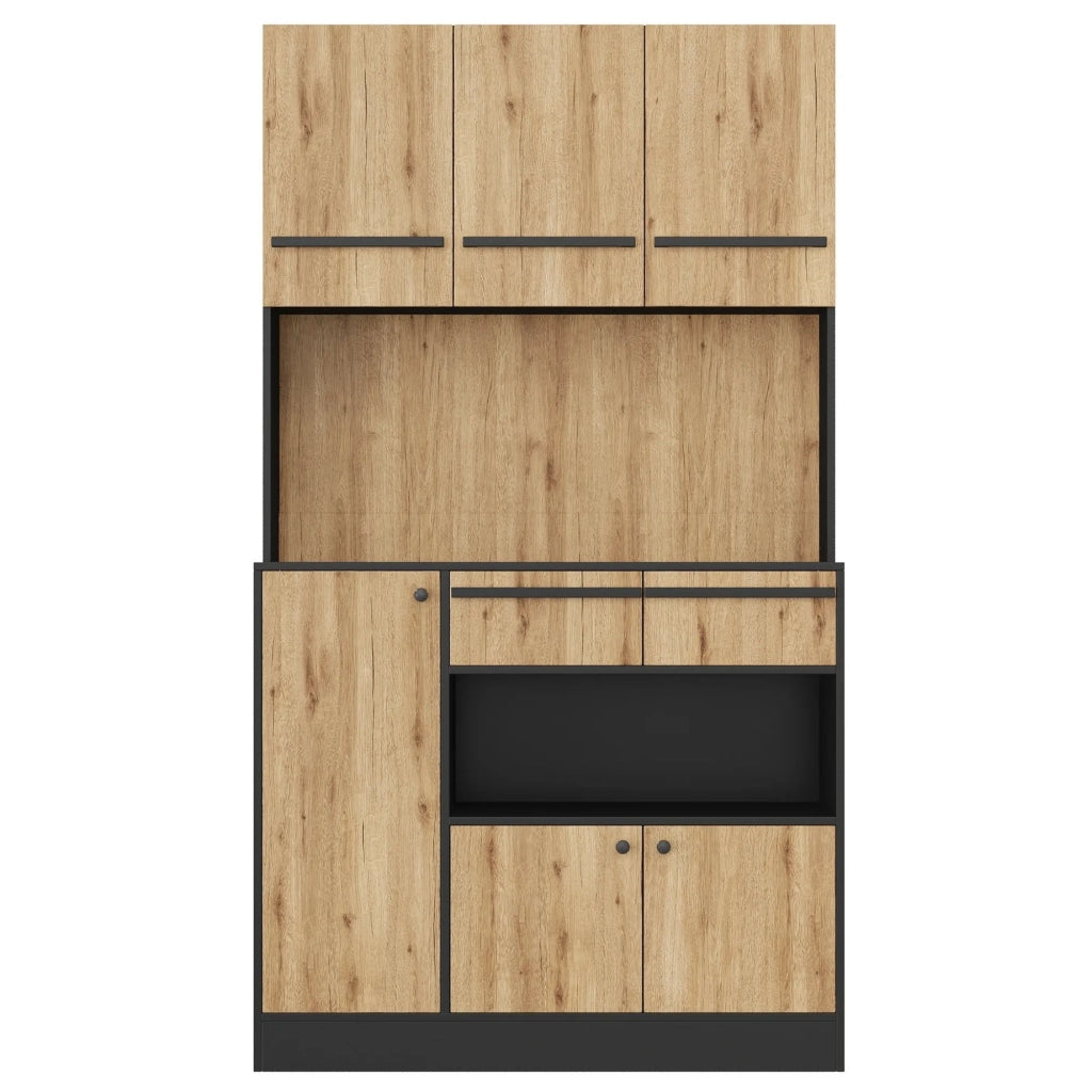 Armadio da cucina alto con illuminazione LED, 2 cassetti e ripiani regolabili, vetrina per soggiorno e sala da pranzo, 100x40x180 cm