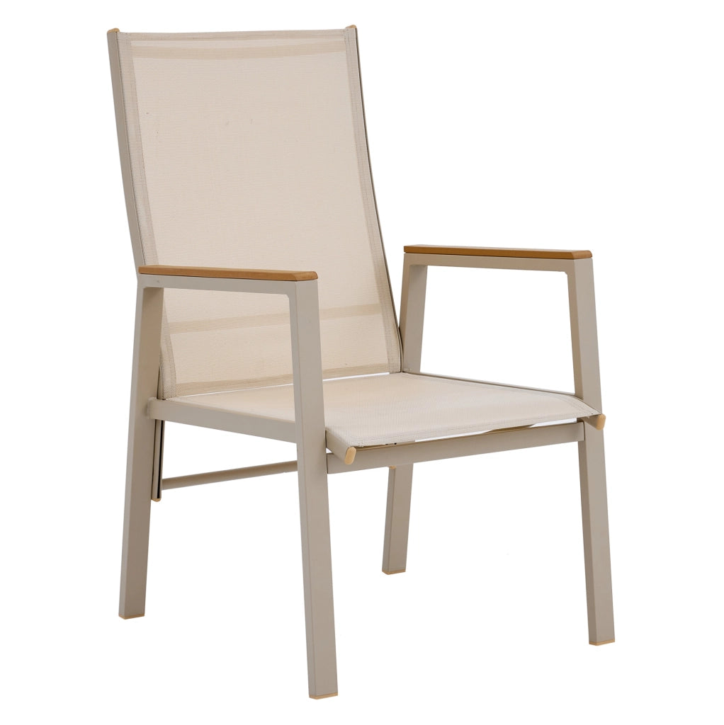 Set di 2 Sedie da Pranzo da Esterno con Braccioli in Legno Plastica e Seduta in Textilene, Struttura in Ferro Zincato, Khaki e Beige