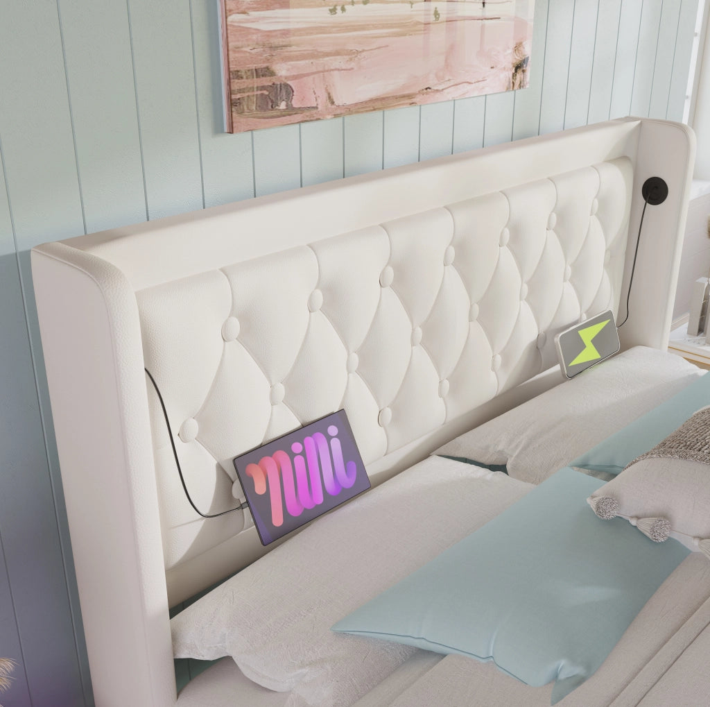 Letto matrimoniale 180x200 cm bianco in PU con contenitore idraulico, LED e ricarica USB-C