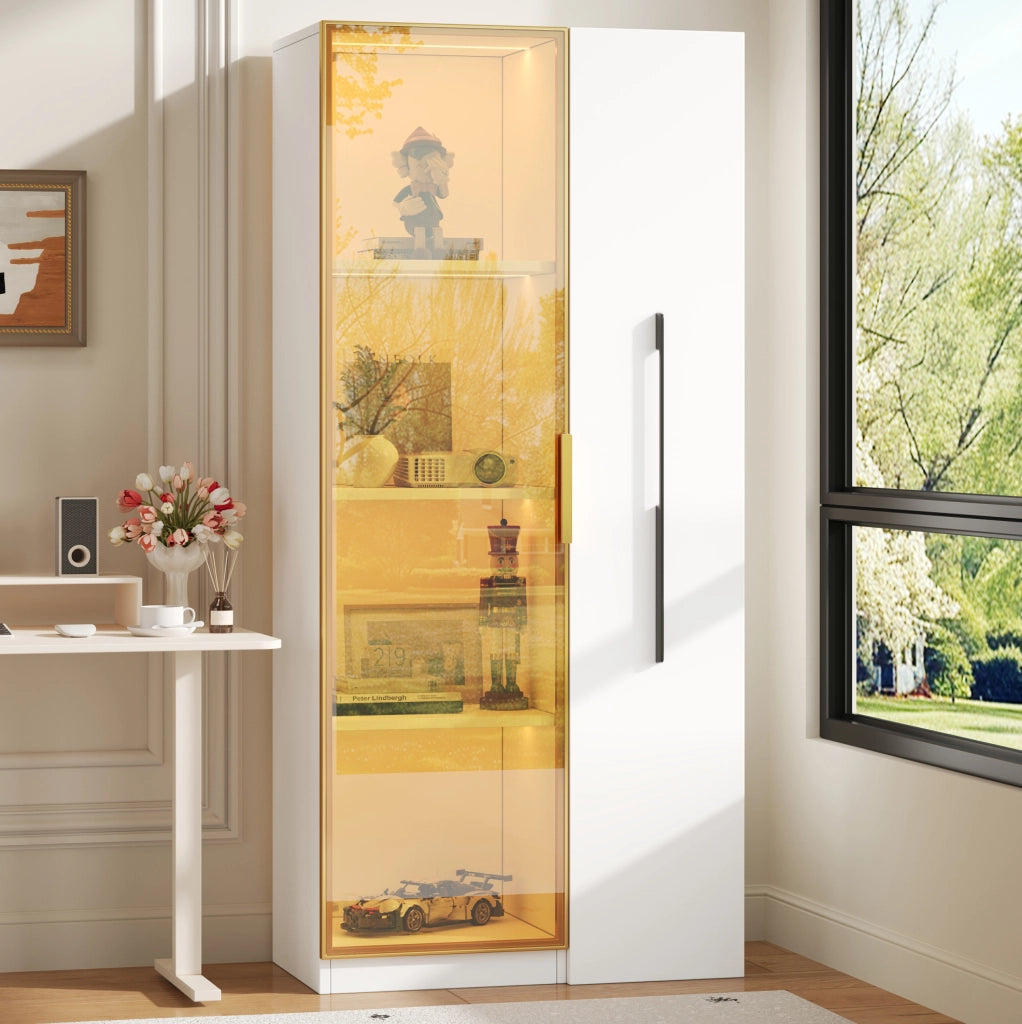 Vetrina 70x40x160 cm in MDF bianco con ante in vetro colorato; LED e modulo estraibile