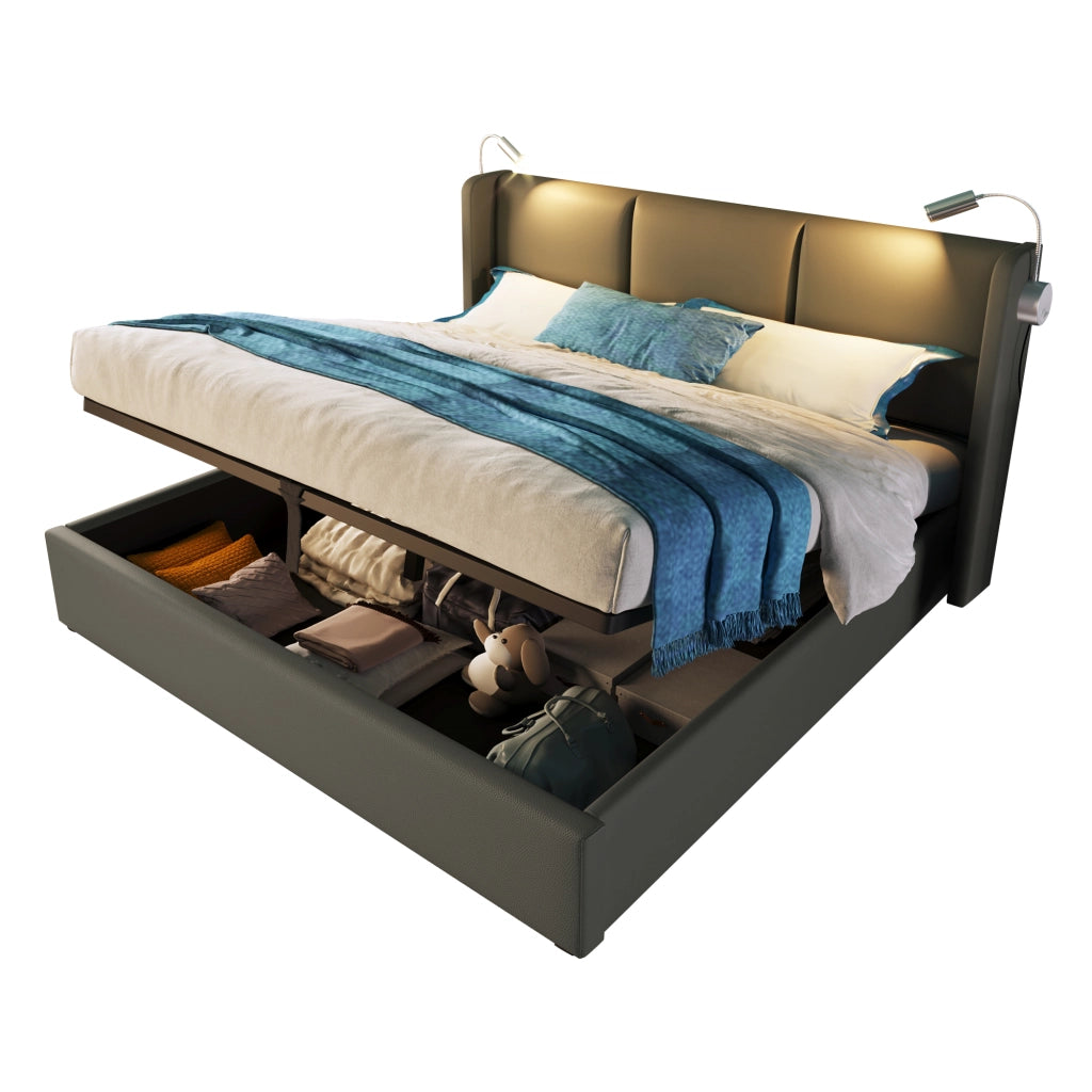 Letto contenitore matrimoniale 140 × 200 cm con luce da lettura e ricarica USB, materasso incluso, grigio