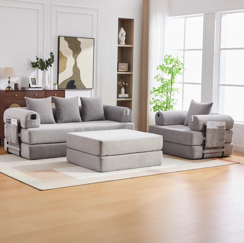 Divano modulare in corduroy con pouf; grigio chiaro