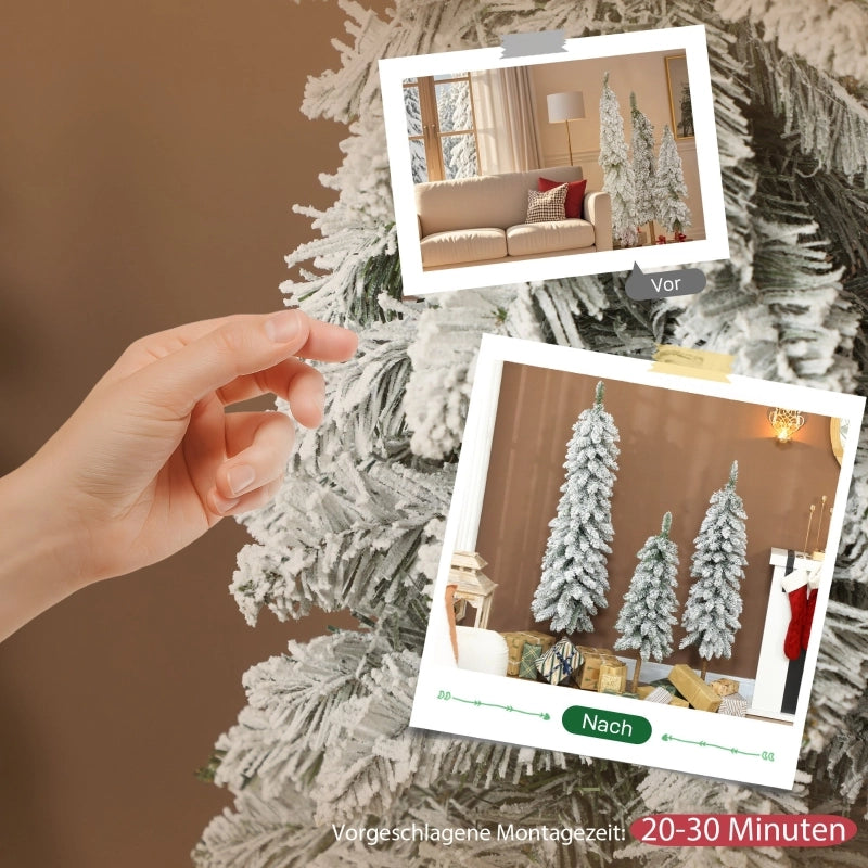 Alberi di Natale artificiali innevati, 3 pezzi da 90, 120 e 150 cm in plastica bianco e verde, salvaspazio e ignifughi