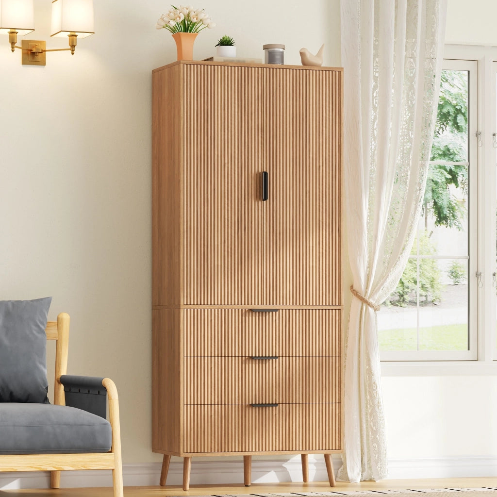 ARMADIO Multiuso 75x35x180 cm MDF Naturale con 2 Ante e 3 Cassetti