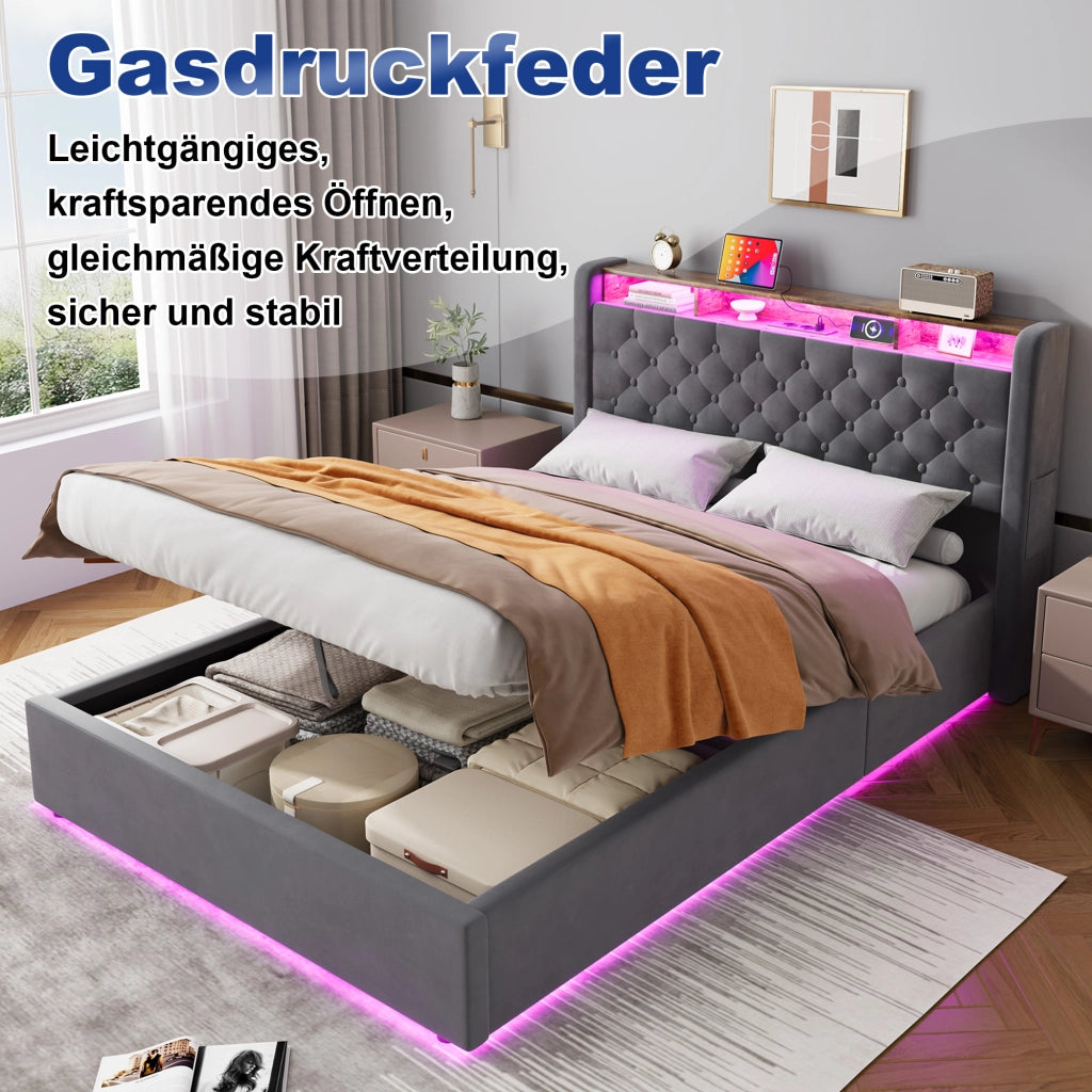 Letto imbottito 140 × 200 cm con contenitore, mensola testiera, LED e porte USB in velluto holland grigio