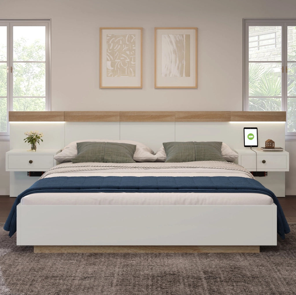 Letto matrimoniale 160x200 cm con comodini LED, USB-C e prese UE