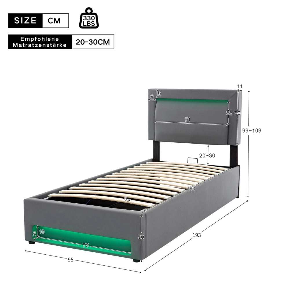 Letto imbottito con LED; ricarica USB e wireless; vano contenitore; PU grigio; per materasso 90x190 cm