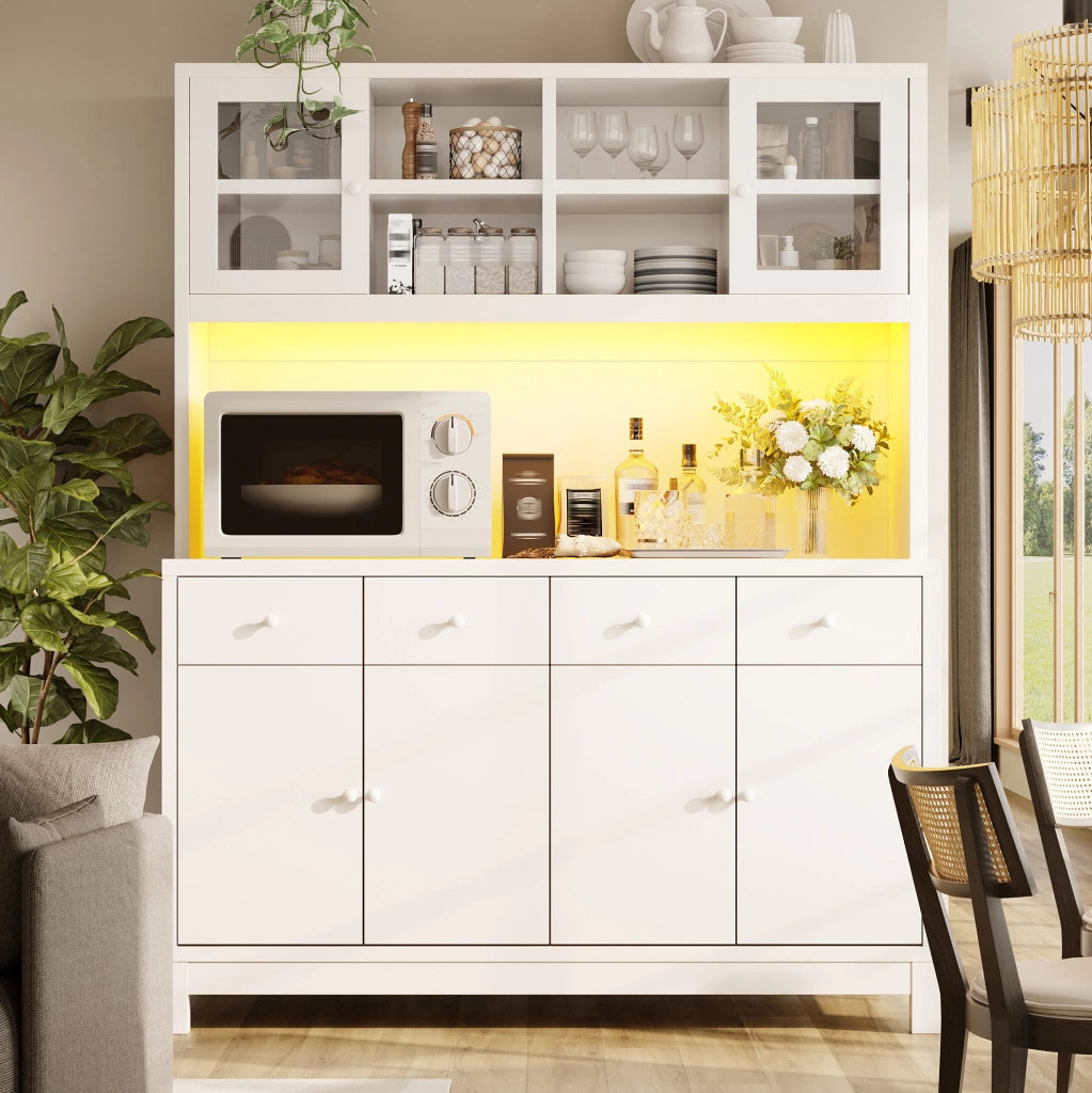 Credenza alta da cucina 140x38,5x180 cm con LED RGB, vetrina e 4 cassetti bianca HAVRYA