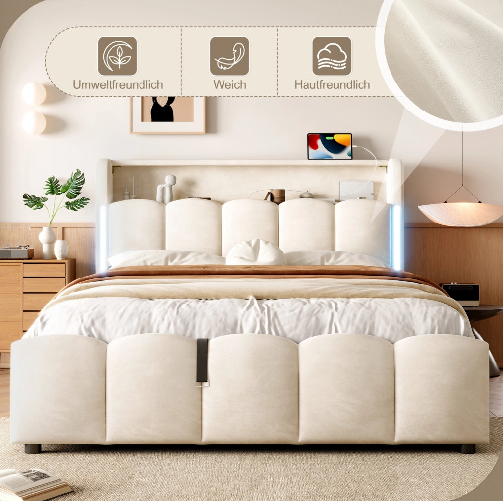 Letto imbottito 140x200 cm con contenitore; LED; USB e Type-C; velluto beige