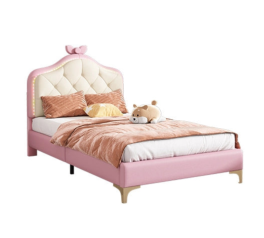 Letto singolo imbottito in PU rosa con strisce LED multicolore e testiera a onde 90x200 cm