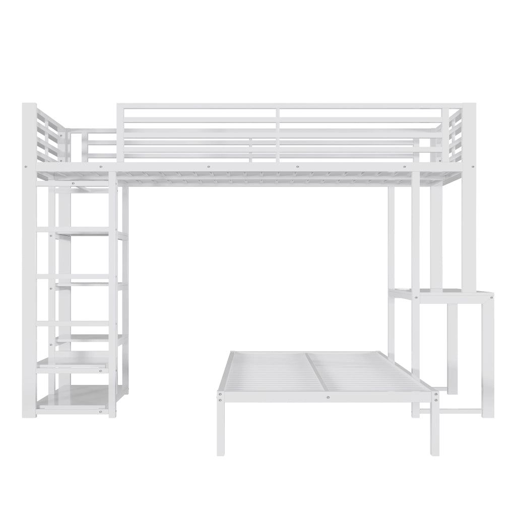 Letto a castello 90 x 200 cm, struttura in metallo, con scrivania, presa di ricarica, 4 ripiani portaoggetti, bianco