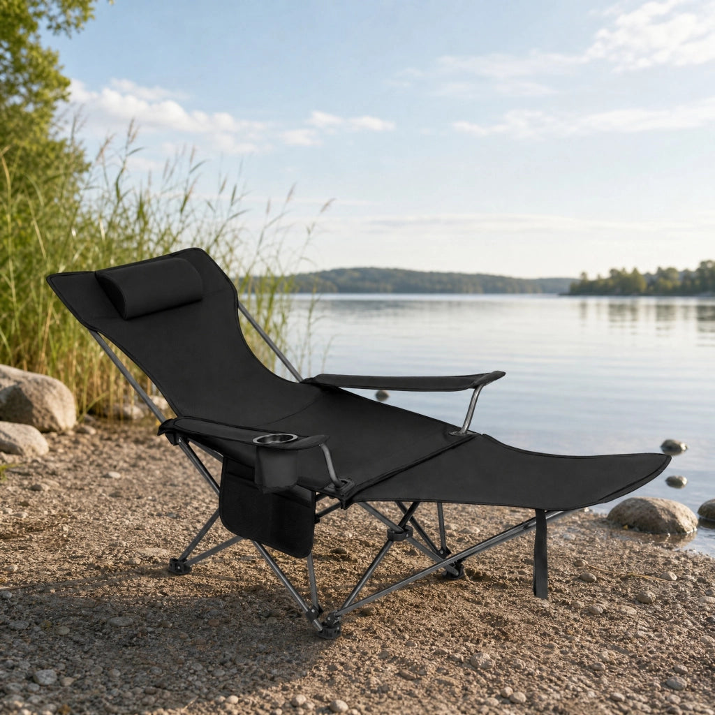 Sedia pieghevole da campeggio con poggiapiedi estraibile; 115x84x88;5 cm; nero