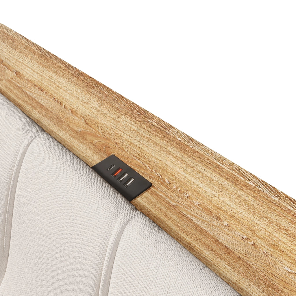 Letto contenitore 140x200 cm in lino beige con cassetti; testiera portaoggetti; LED e USB-C