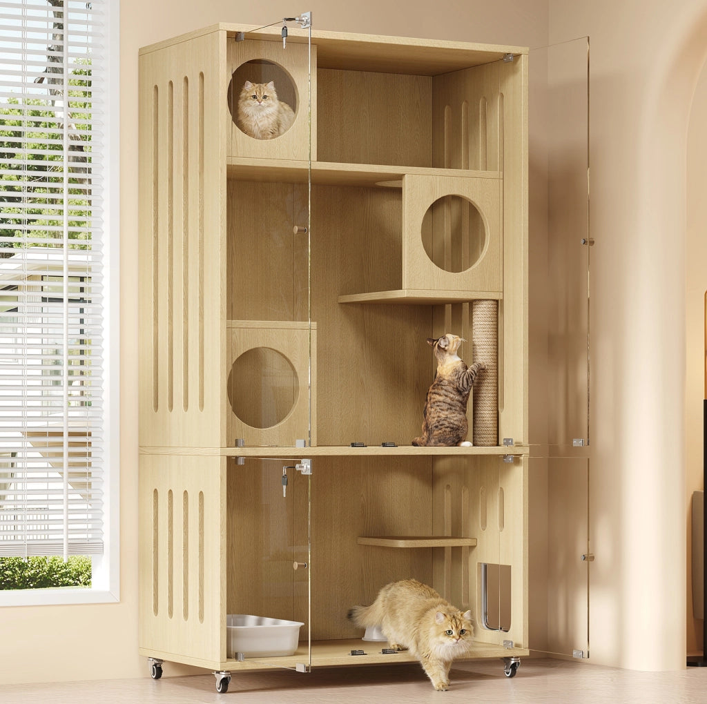 Gabbia per Gatti in Legno 90 x 50 x 166 cm - 3 Livelli con Ruote e Porta Colore Naturale