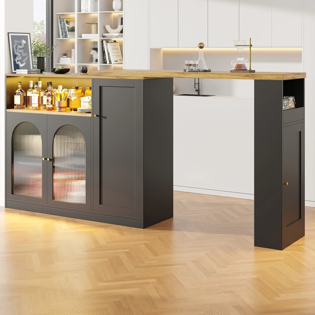 Tavolo da bar girevole 360掳 197 cm con mobile bar nero opaco; piano effetto legno; ante in vetro e LED