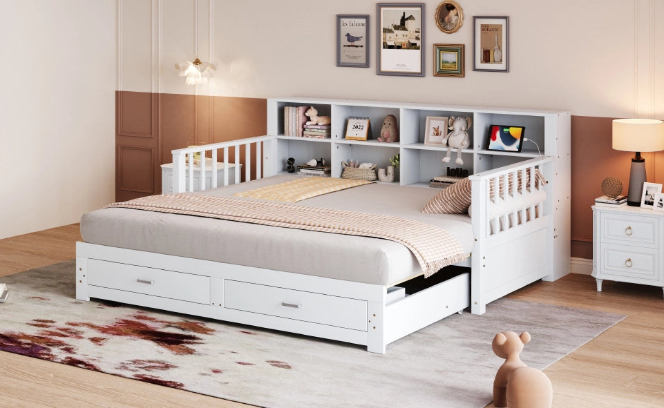 Sofà letto in legno massiccio estraibile 90/180x190 cm con armadietto laterale, presa di corrente, 2 cassetti e rete a doghe, letto multifunzionale in pino bianco