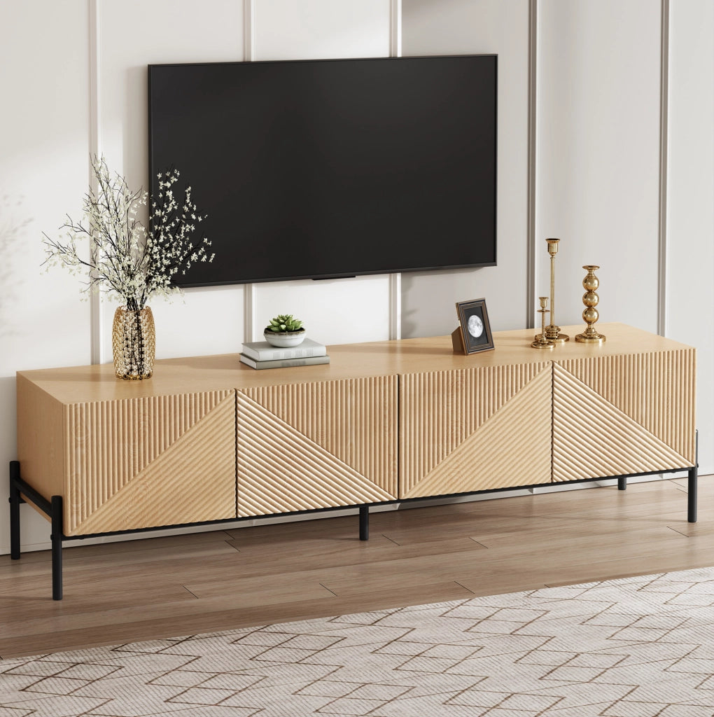 Mobile TV 163,5 cm con 4 ante push-to-open in MDF naturale e gambe in ferro nero