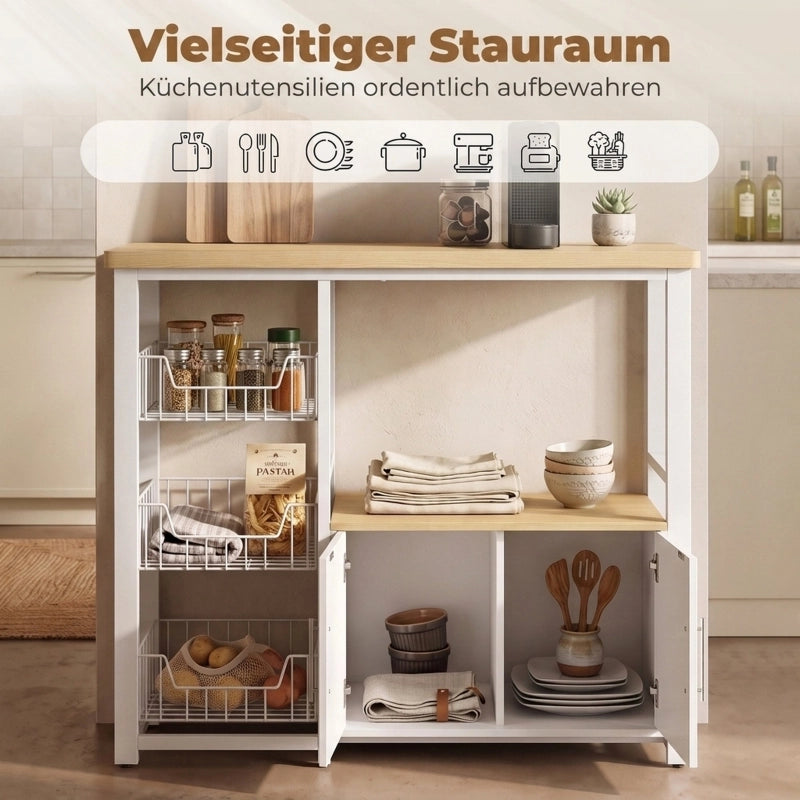 Scaffale da cucina con 3 cesti, vano per microonde e armadietto in MDF e acciaio color rovere 100 × 35 × 80 cm