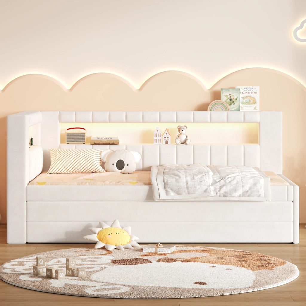 Letto singolo imbottito 90 × 200 cm con letto estraibile tre cassetti LED USB in MDF compensato bianco