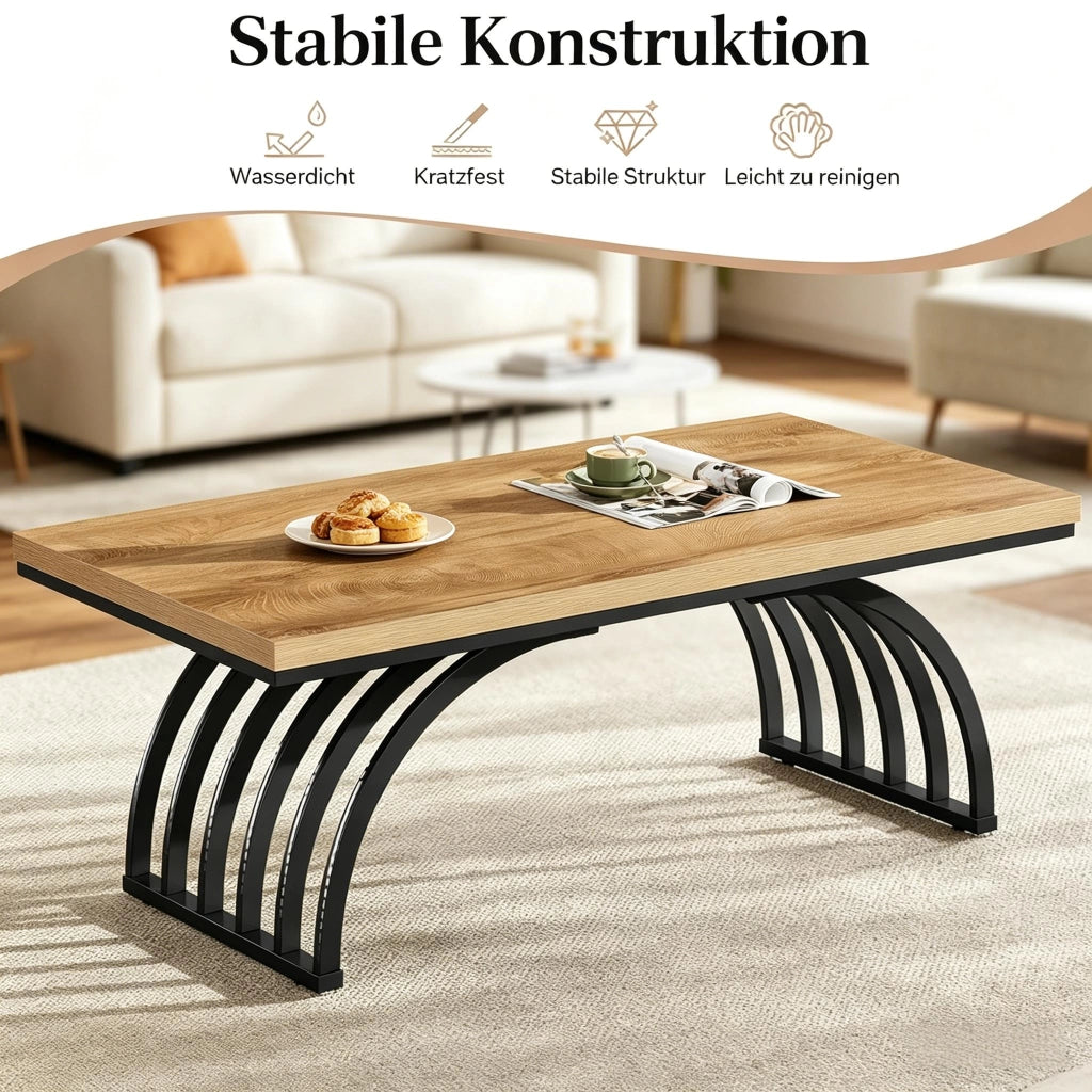 Tavolino basso fisso con piano da 120 cm in legno e struttura in metallo nero e marrone per soggiorno