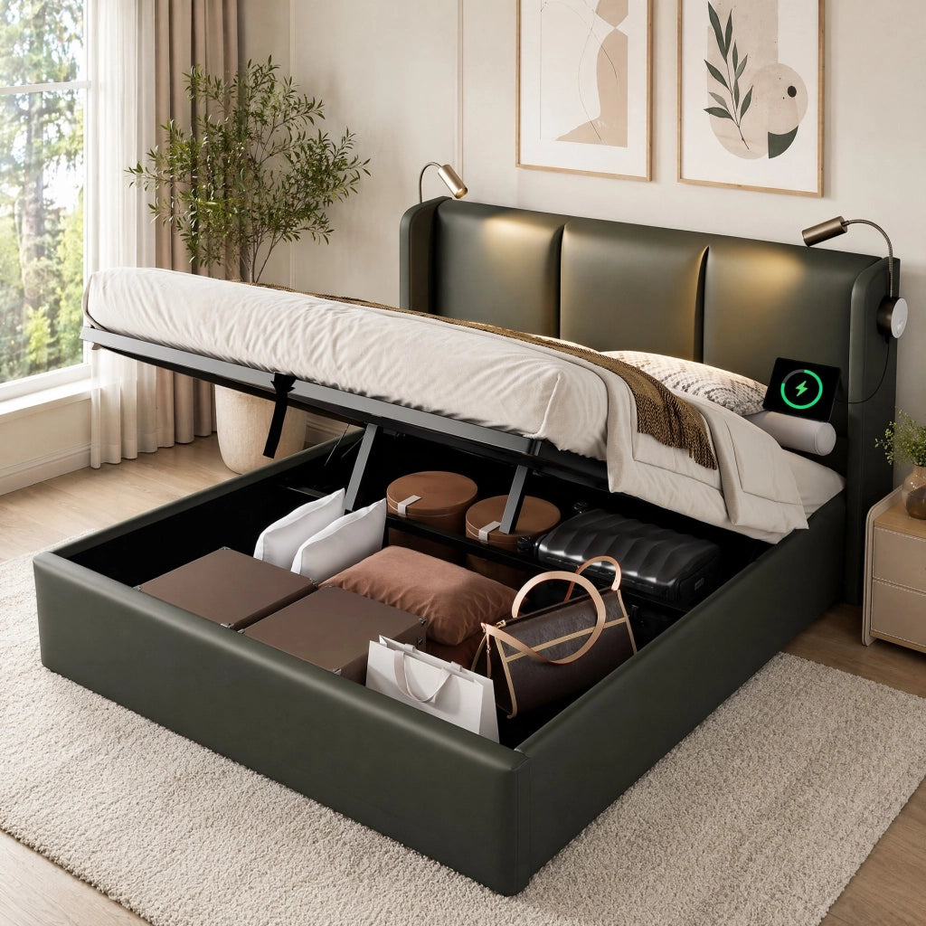 Letto imbottito 160x200 cm con contenitore e luce USB in PU grigio