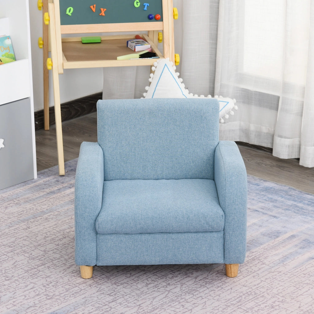 Poltroncina per Bambini Design Scandinavo in Tessuto di Lino e Legno con Braccioli Imbottiti e Seduta Comoda Blu