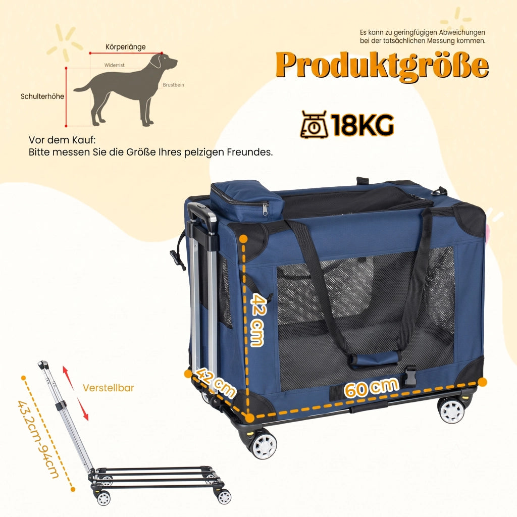 Trasportino pieghevole con ruote per cani fino a 18 kg; 3 porte in rete; blu scuro