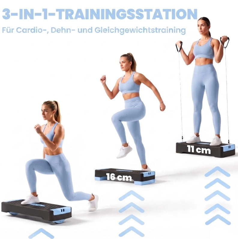 Stepper aerobico regolabile blu con bande elastiche