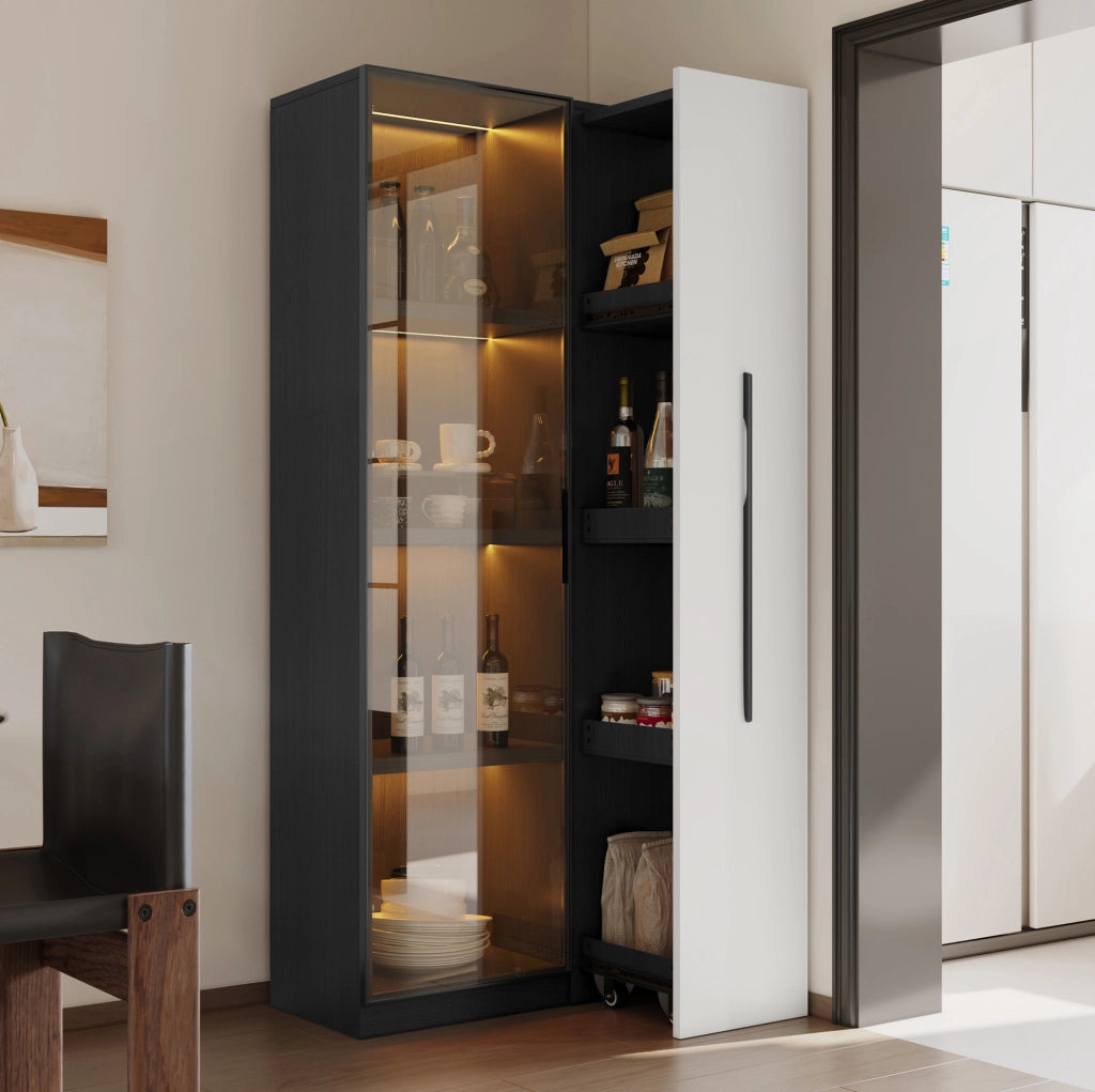 Vetrina 70x40x160 cm con LED e vano estraibile laterale in MDF nero e bianco