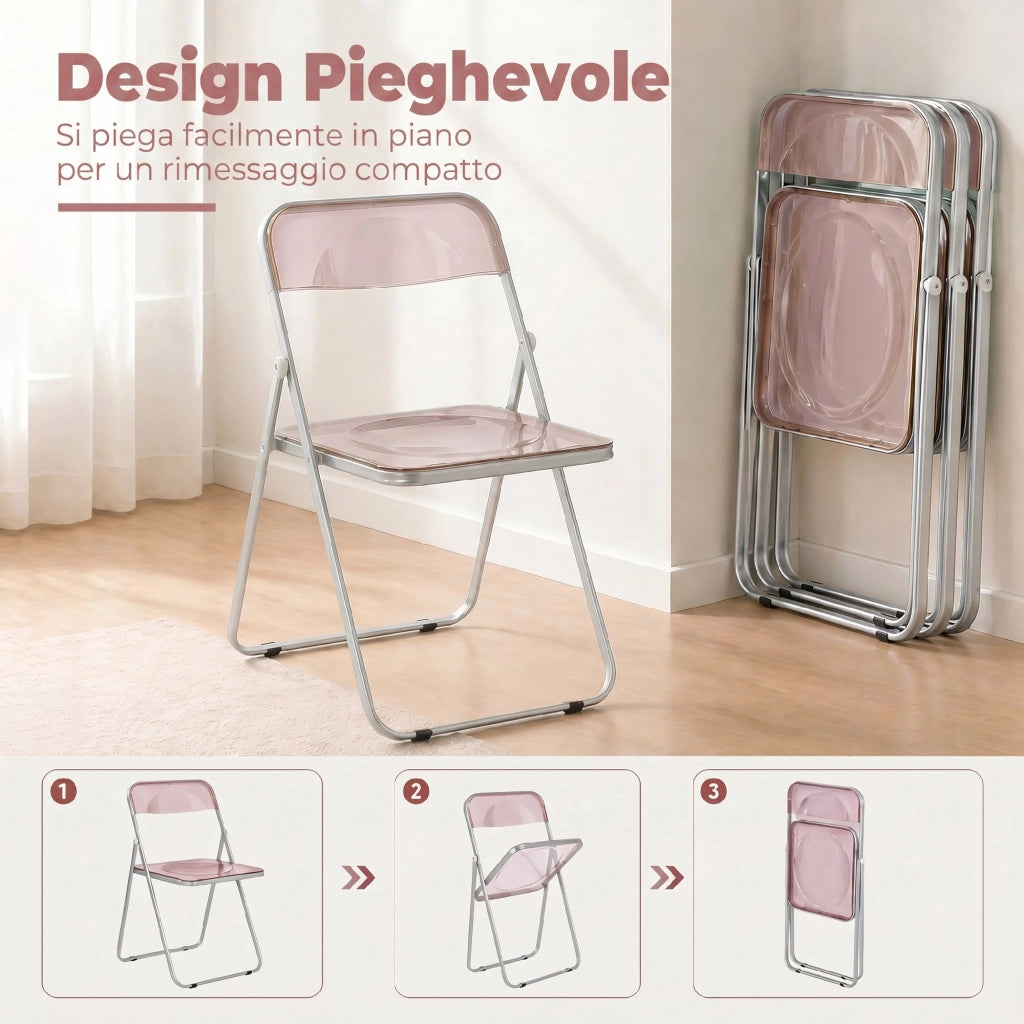 Set da 4 Sedie Pieghevoli in Acrilico Trasparenti, Rosa