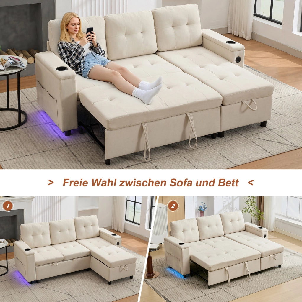 Divano letto pieghevole beige con contenitore e luci LED