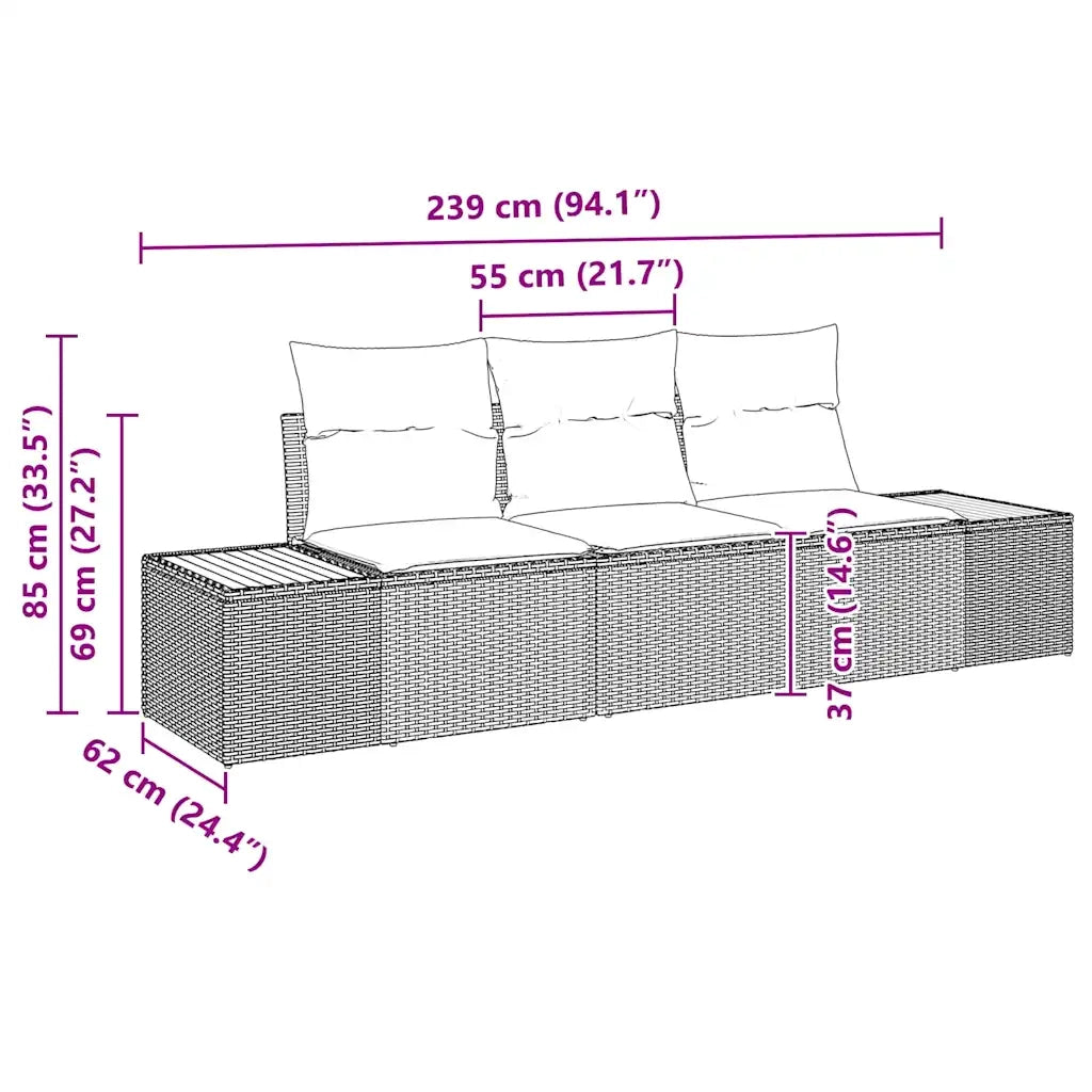 Set Divano da Giardino con cuscino 3 pcs Nero polyrattan