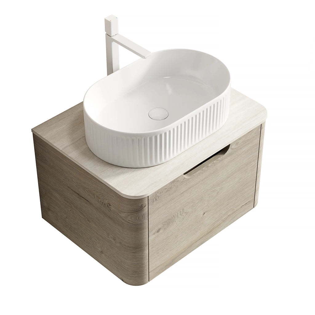 Mobile lavabo con cassetto soft-close e lavabo ovale in ceramica piano in pietra sinterizzata effetto travertino