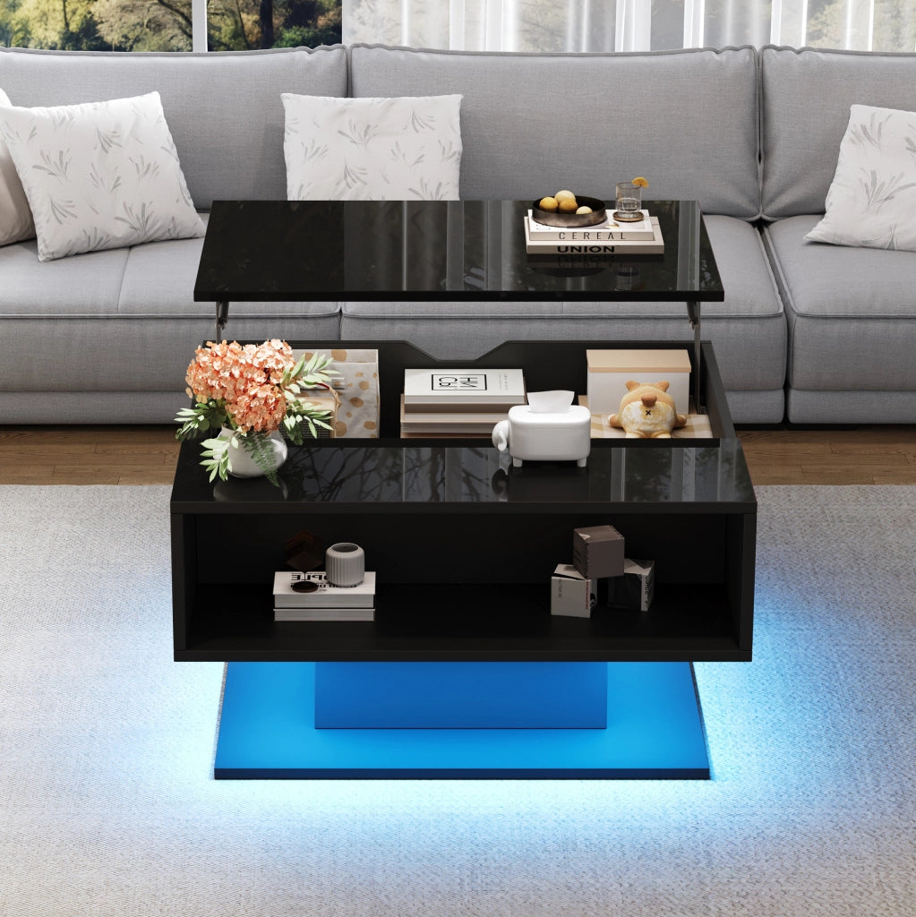 Tavolino da soggiorno sollevabile con LED, vano portaoggetti e finitura lucida