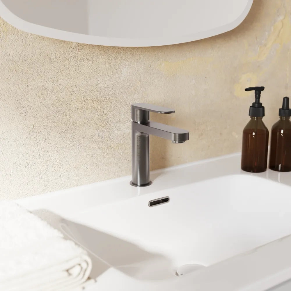 Coppia miscelatori lavabo 16cm e bidet gun metal spazzolato senza scarico | Margot