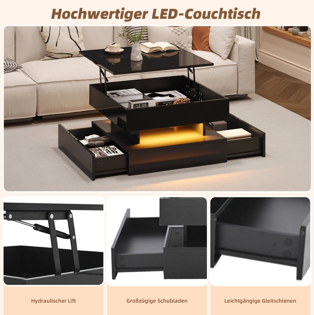 Tavolino sollevabile quadrato nero con luce a LED e contenitore